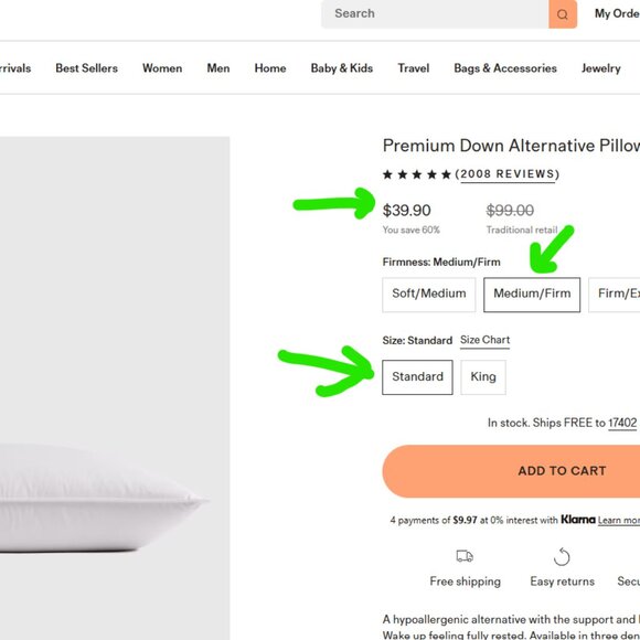 NWT QUINCE PREMIUM DOWN ALTERNATIVE DOWN STANDARD PILLOW COTTON MEDIUM / FIRM - Picture 5 of 9